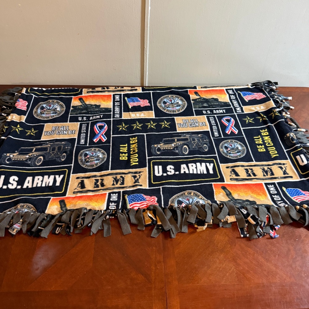 US Army Fleece Tie Blanket Handmade Military Humvee Tank Patriotic Throw